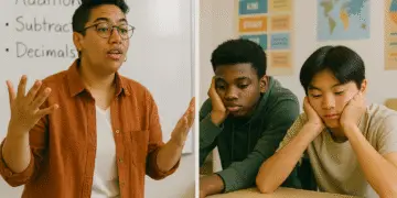 A classroom scene showing a Latinx non-binary teacher giving an enthusiastic explanation while a Black and an asian student look at their phone, disengaged — illustrating how behavior change interventions that rely on information alone often fail to change actual behavior