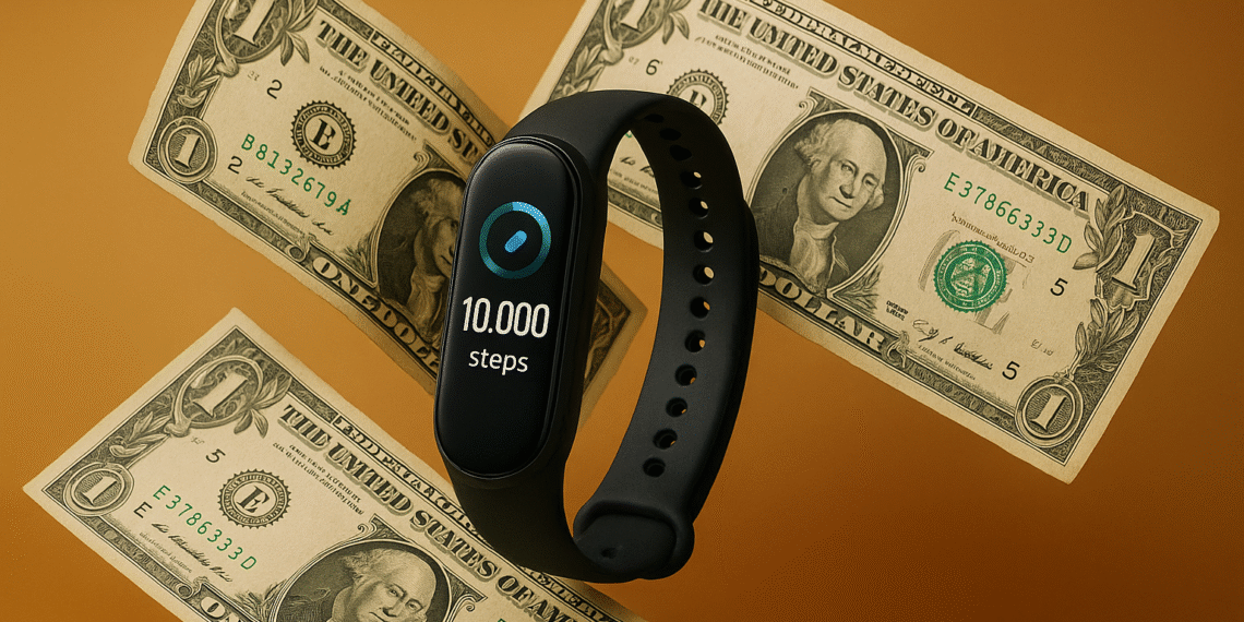 Abstract visual showing link between steps and money — paying people to exercise