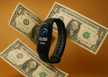 Abstract visual showing link between steps and money — paying people to exercise