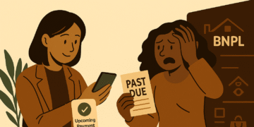 Illustration of two people reacting to loan reminders — one calm and on time, one stressed by missed payments