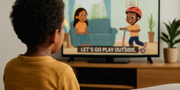 A child with dark curly hair watching a video on a tablet, with visible same-language subtitles, seen from behind