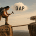 Hyperrealistic illustration of a Latina woman on a cliff labeled “Intention,” trying to build a bridge across a gap toward another cliff labeled “Behavior.”