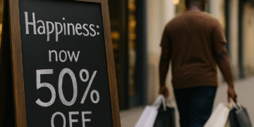 Man of color with shopping bags walking past a chalkboard sign saying “Happiness: now 50% off”