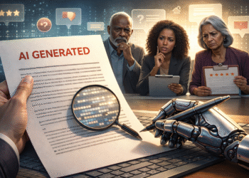 the AI disclosure penalty: Hyperrealistic illustration showing diverse readers reacting to AI disclosure and perceived authenticity in writing