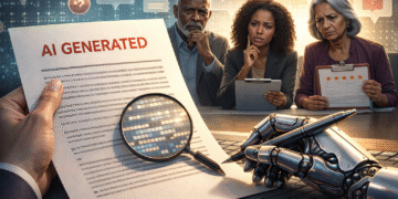 the AI disclosure penalty: Hyperrealistic illustration showing diverse readers reacting to AI disclosure and perceived authenticity in writing