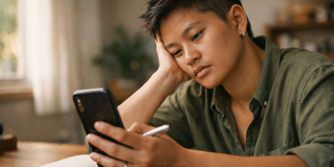 Alt-tekst (SEO + toegankelijkheid, beschrijvend en met keyphrase) Person with Southeast Asian appearance looking at a smartphone with a distracted, vacant expression — illustrating reduced critical thinking when using AI