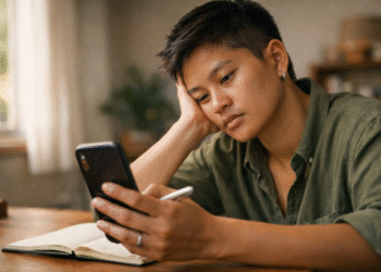 Alt-tekst (SEO + toegankelijkheid, beschrijvend en met keyphrase) Person with Southeast Asian appearance looking at a smartphone with a distracted, vacant expression — illustrating reduced critical thinking when using AI
